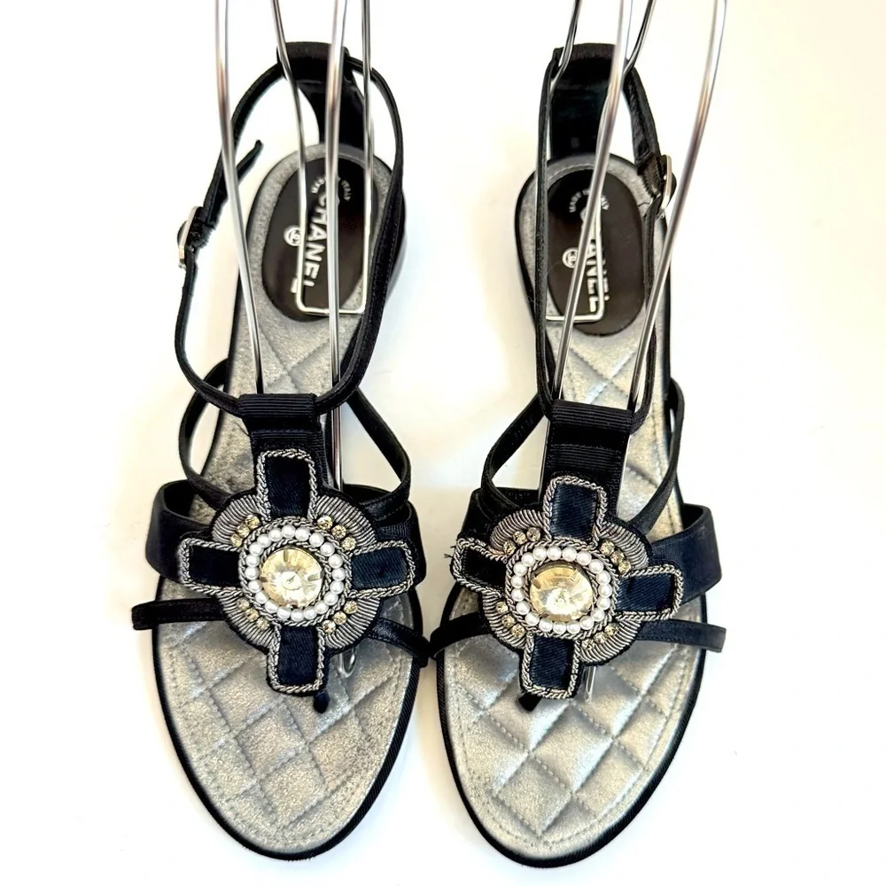 Chanel Black Metallic Grey Pearl stone embellished gladiator flat sandals EU38.5
